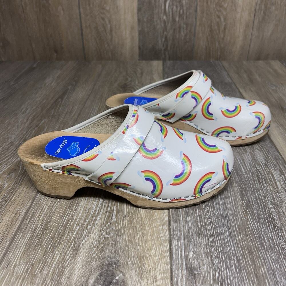 Swedish Wooden Cape Clogs Slip On Mule White Leather Rainbow Women’s US Size 6